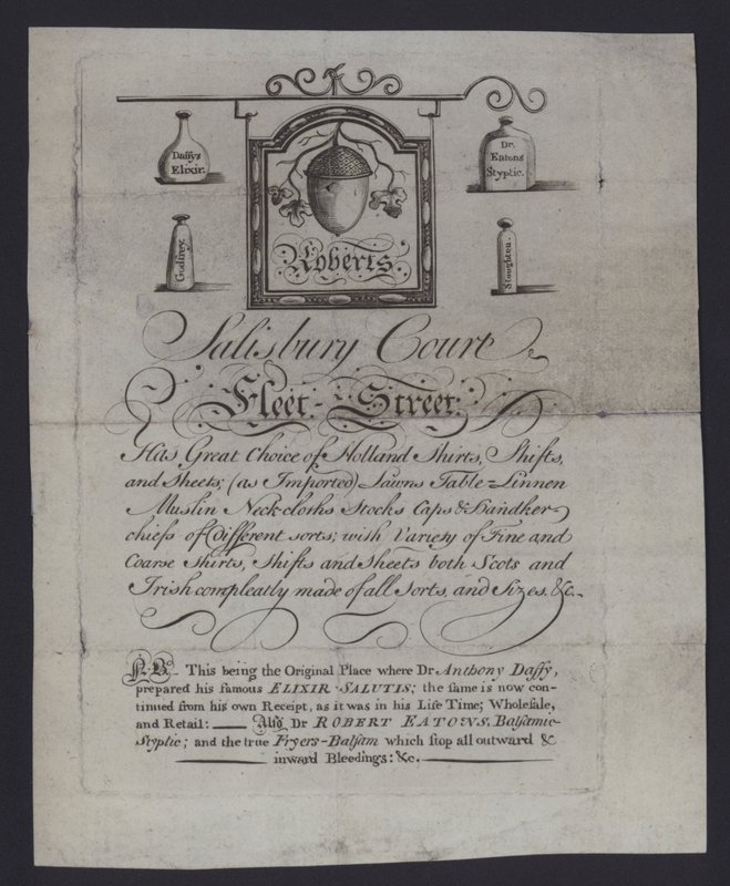 Werbung für Roberts, Tuchhändler, Salisbury Court, Fleet Street, London, wo Dr. Anthony Daffy sein Elixir Salutis herstellte von English School