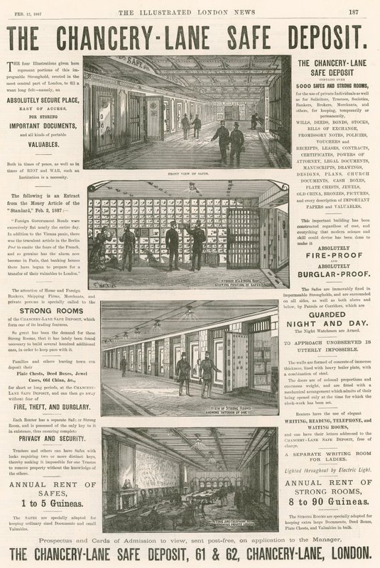 Werbung für das Chancery Lane Safe Deposit, 61-62 Chancery Lane, London von English School