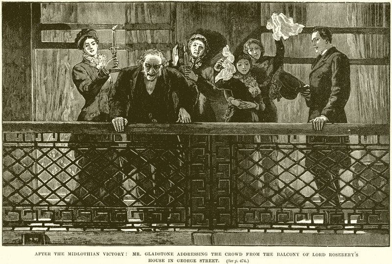 Nach dem Sieg von Midlothian: Mr. Gladstone spricht die Menge vom Balkon des Hauses von Lord Rosebery in der George Street an von English School