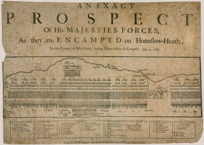 Ein genauer Ausblick auf die Streitkräfte seiner Majestät, wie sie auf Hounslow Heath lagern, 19. Juli 1686 von English School