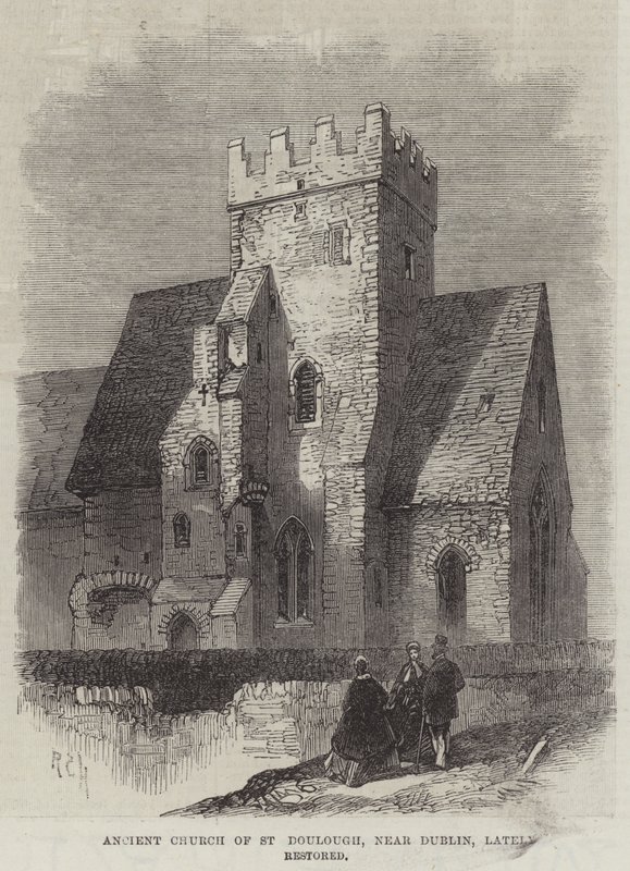 Alte Kirche von St. Doulough, nahe Dublin, kürzlich restauriert (Stich) von English School