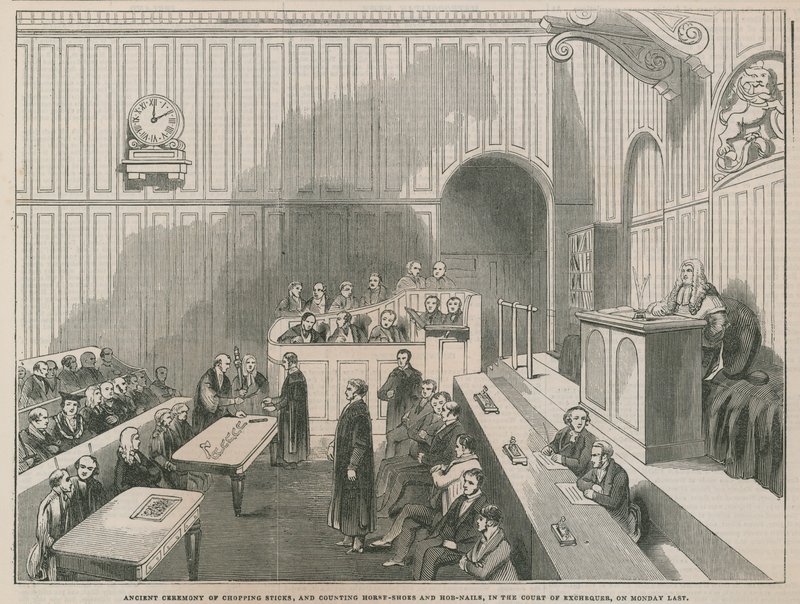 Altes Zeremoniell des Stöckeschneidens und Zählens von Hufeisen und Hobnägeln im Gericht der Verbrauchssteuer von English School
