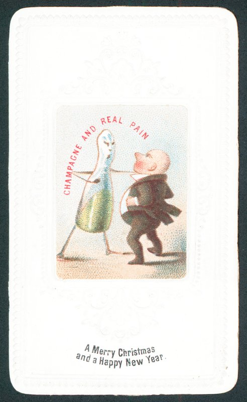 Wütende Champagnerflasche schlägt Mann, Weihnachtskarte von English School