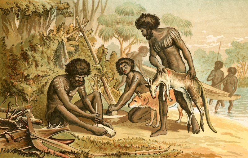 Australische Ureinwohner bereiten eine Mahlzeit vor von English School