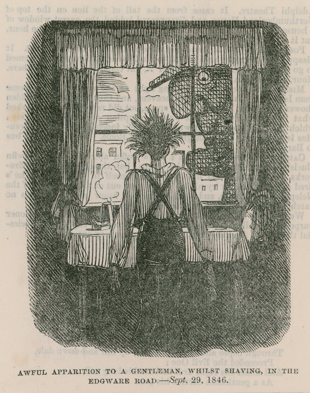 Schreckliche Erscheinung für einen Gentleman beim Rasieren in der Edgware Road, London - 30. September 1846 von English School