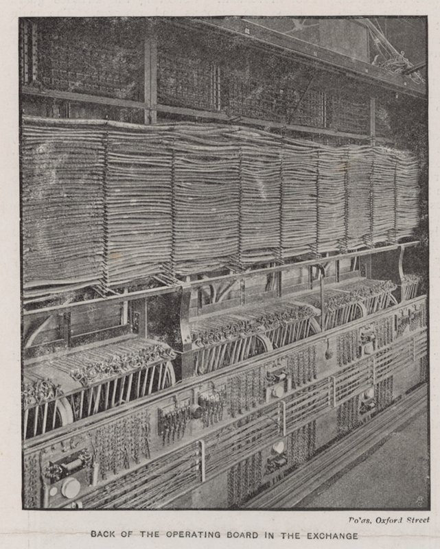 Rückseite der Bedienungstafel im Austausch der National Telephone Company von English School