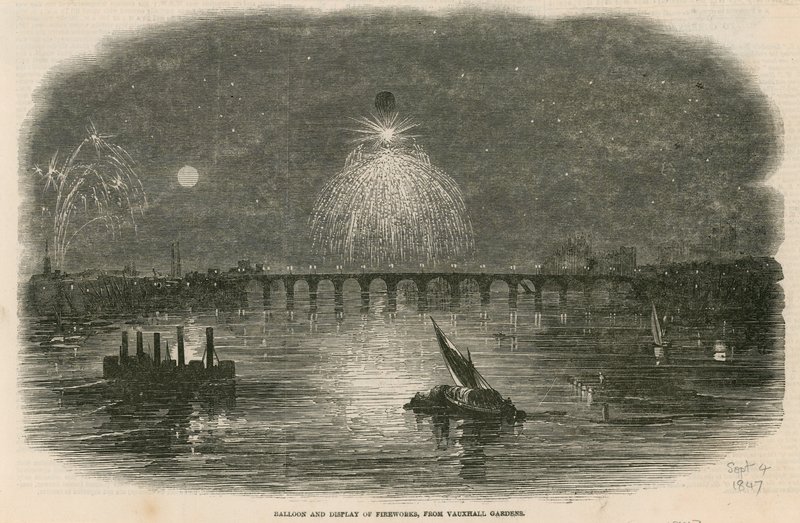 Ballon und Feuerwerk, Vauxhall Gardens, London von English School