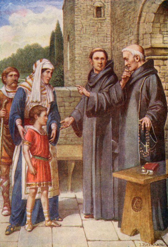Beda wird ins Kloster gebracht (Farblithografie) von English School