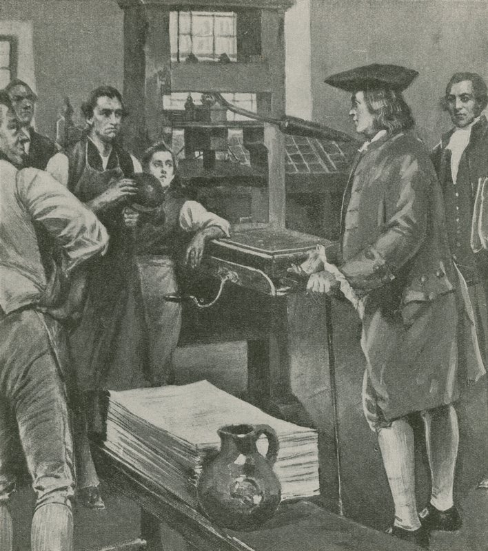 Benjamin Franklin besucht die Druckerei seines alten Meisters in London von English School
