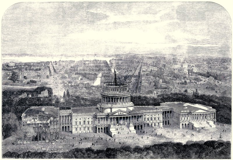 Vogelperspektive der Stadt Washington 1861, mit dem Kapitol im Bau im Vordergrund (digital gereinigte Version) von English School