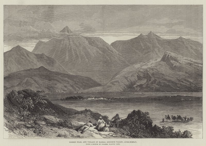 Bodeen Peak und Dorf Madzai, Khoorum-Tal, Afghanistan (Gravur) von English School