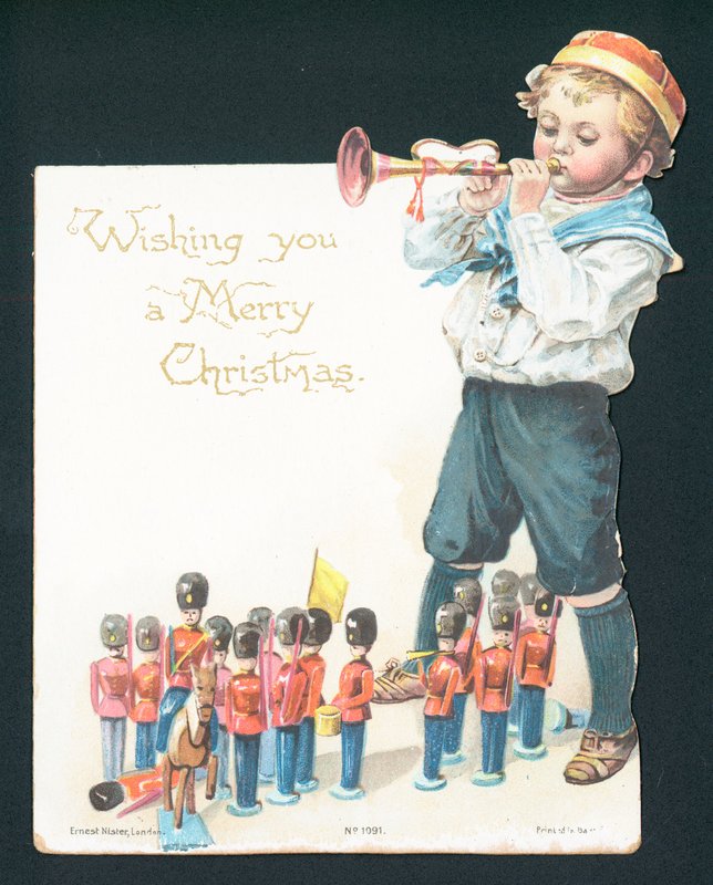 Junge spielt mit Zinnsoldaten und bläst Trompete, Weihnachtskarte von English School