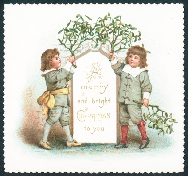 Jungen hängen Mistelzweig auf, Weihnachtskarte von English School