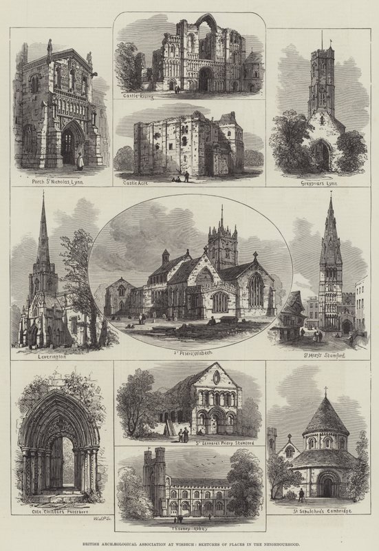 Britische Archäologische Vereinigung in Wisbech, Skizzen von Orten in der Umgebung (Gravur) von English School