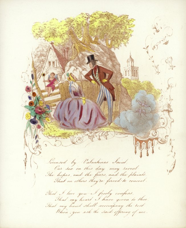 Britische Valentinskarte mit einem Bild eines Mannes und einer Frau in einem Garten mit einem Cherub von English School