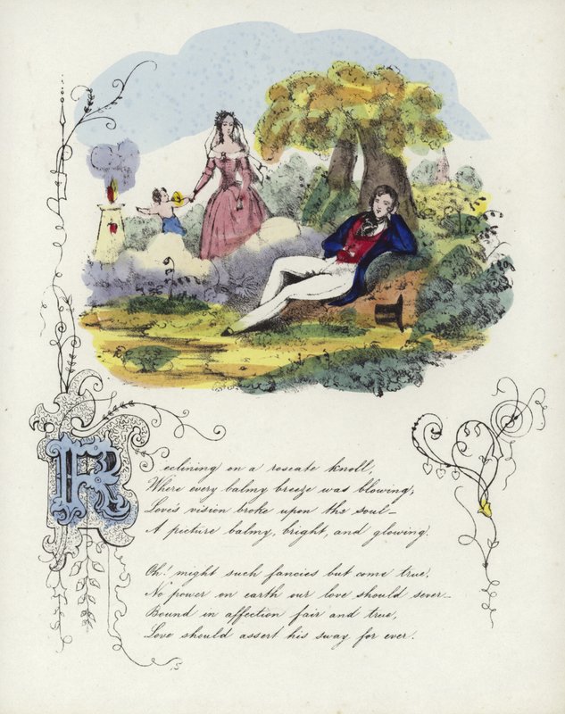 Britische Valentinskarte mit einem Bild eines Mannes und einer Frau in einem Garten mit einem Cherub von English School