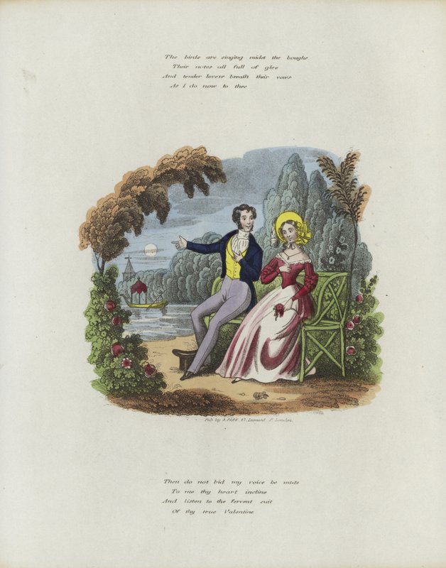 Britische Valentinskarte mit einem Bild eines Mannes und einer Frau, die in einem Garten sitzen von English School