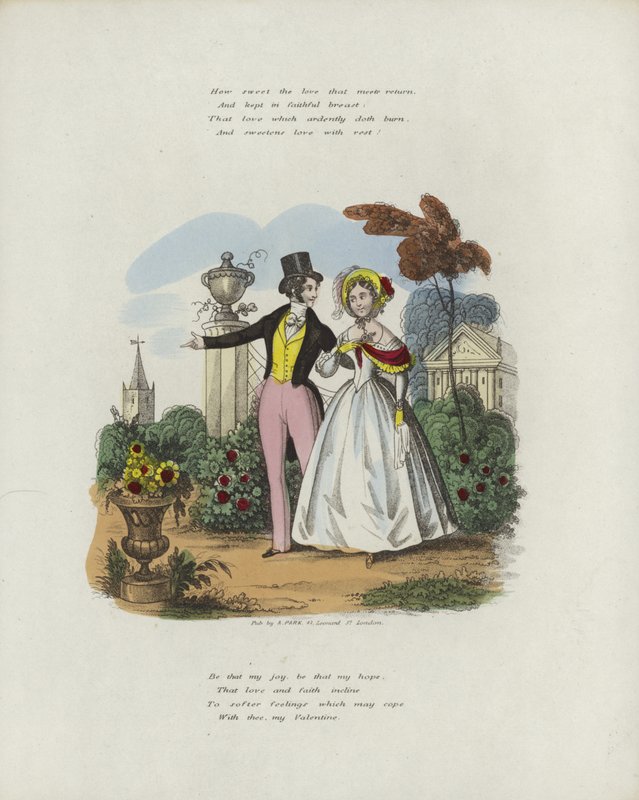 Britische Valentinskarte mit einem Bild eines Mannes und einer Frau, die in einem Garten spazieren von English School