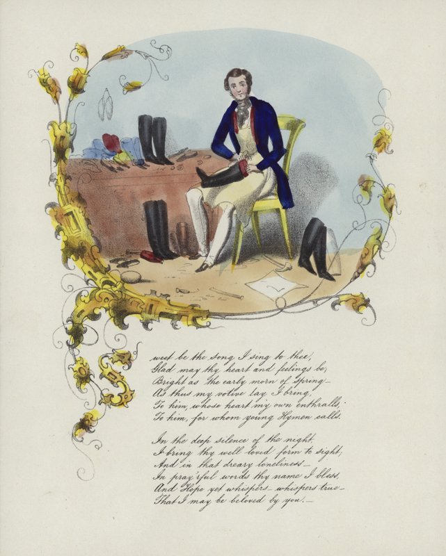 Britische Valentinskarte mit einem Bild eines Mannes, der Stiefel repariert von English School