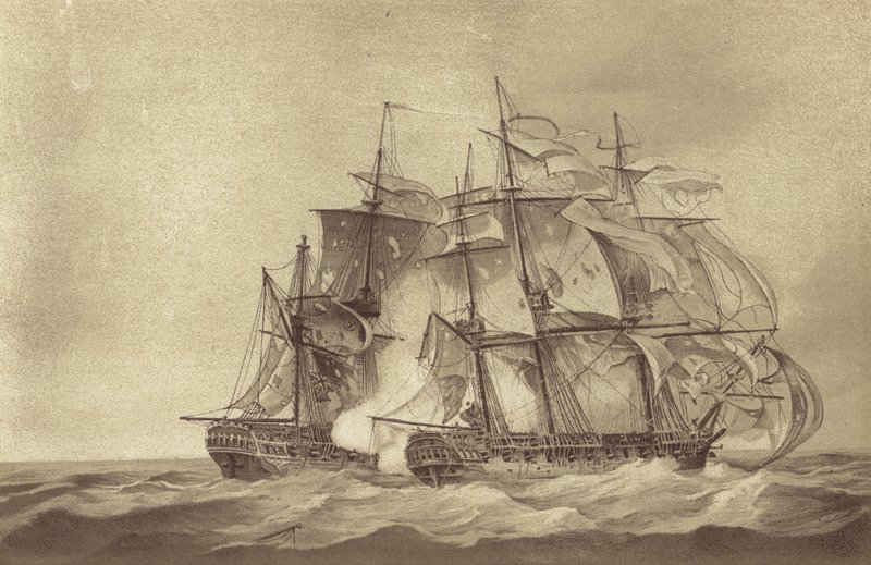 Britische Fregatte HMS Santa Margarita, kommandiert von Kapitän Thomas Byam Martin, erobert die französische Fregatte Tamise, Juni 1796 von English School