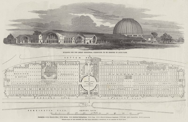 Gebäude für die Große Industrieausstellung, das im Hyde-Park errichtet werden soll (Gravur) von English School