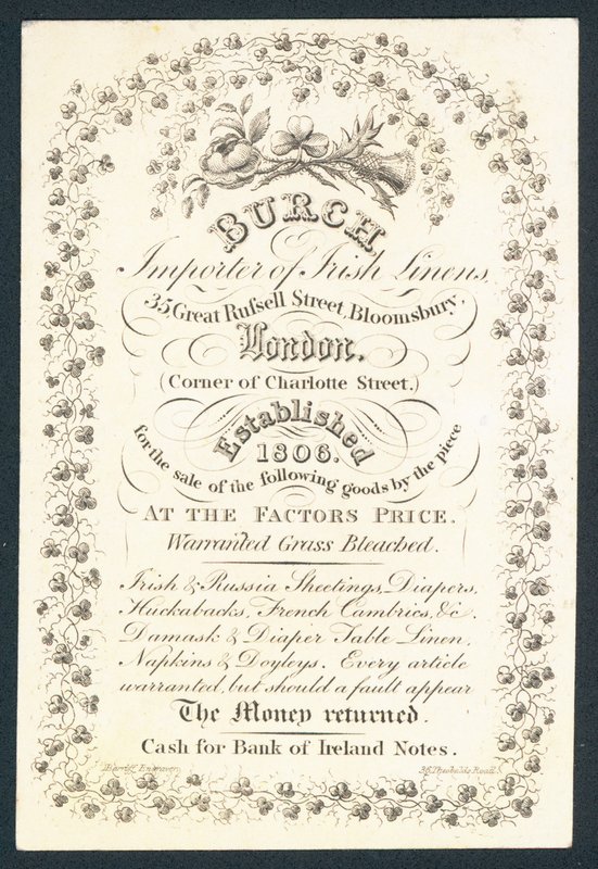Burch, Importeur von irischen Leinen, Visitenkarte von English School