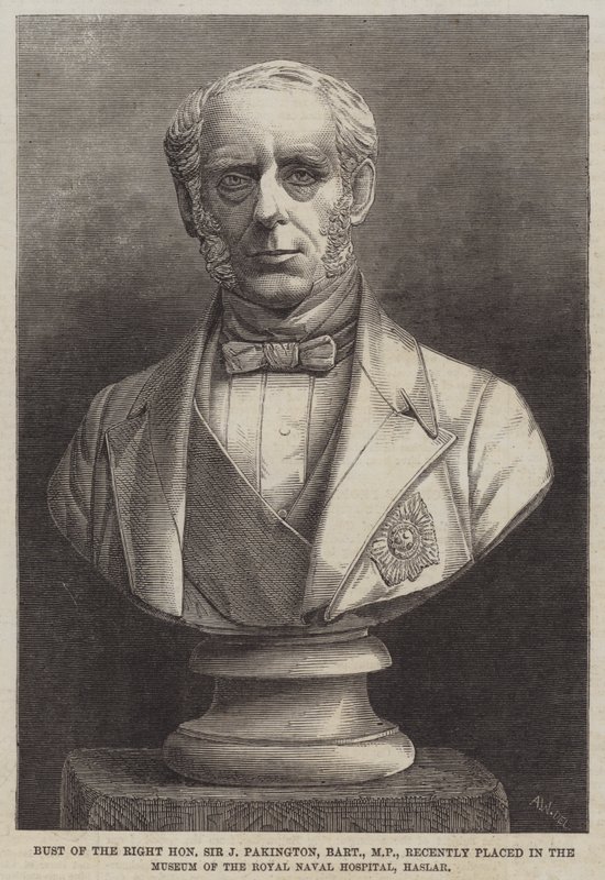 Büste des ehrenwerten Sir J. Pakington, Baronet, MP, kürzlich im Museum des Royal Naval Hospital, Haslar, aufgestellt (Stich) von English School