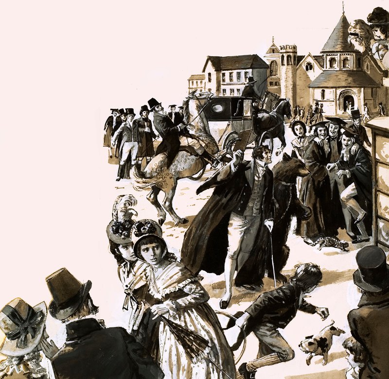 Byron sorgte mit seinem Haustierbären in den Straßen von Cambridge für Aufsehen (Gouache auf Papier) von English School