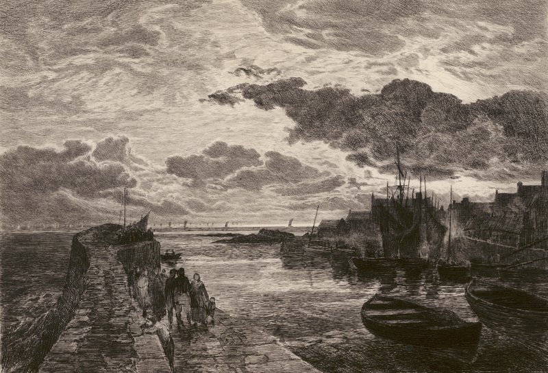Cellardyke Hafen, geätzt von Chauvel, nach Sam Bough von English School