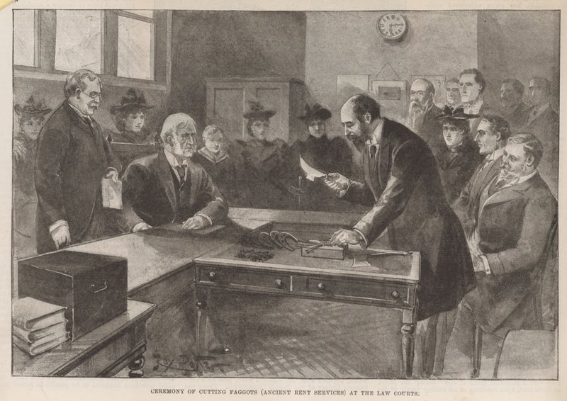 Zeremonie des Schneidens von Reisigbündeln (alte Pachtleistungen) an den Gerichten von English School