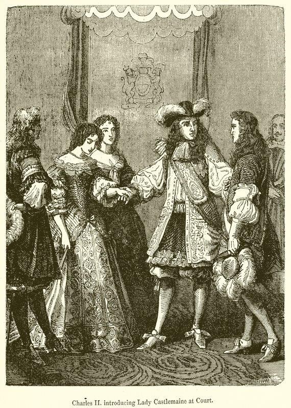 Karl II. stellt Lady Castlemaine am Hof vor von English School