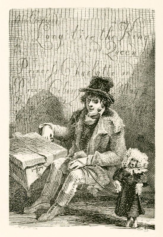Charles Wood, ein blinder Mann, mit einer Orgel und einem tanzenden Hund von English School
