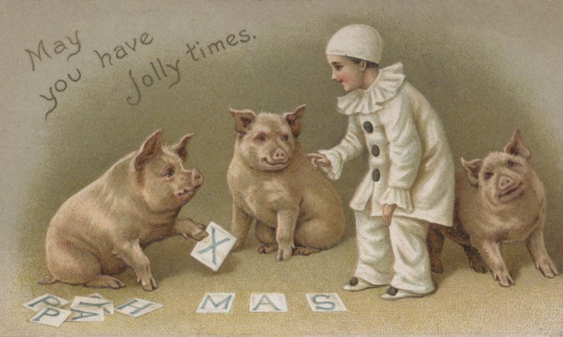 Kind im Pierrot-Kostüm mit drei Schweinen, Weihnachtskarte (Chromolithografie) von English School