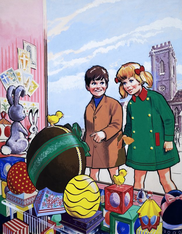 Kinder bewundern eine Osterausstellung von English School