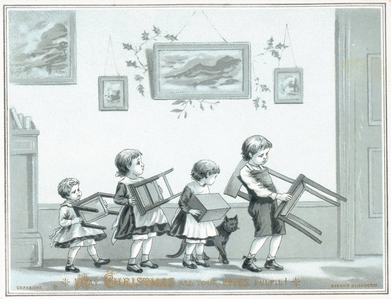 Kinder tragen Stuhl und Hocker, Weihnachtskarte von English School