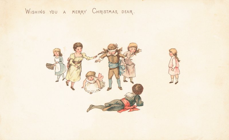 Kinder spielen Blinde Kuh, Weihnachtskarte von English School