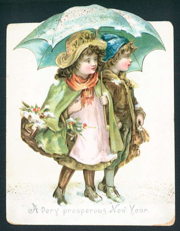 Kinder gehen im Schnee unter einem Regenschirm, Neujahrskarte von English School