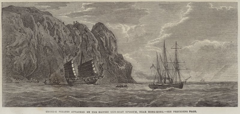 Chinesische Piraten von der britischen Kanonenboot Opossum in der Nähe von Hongkong angegriffen (Stich) von English School