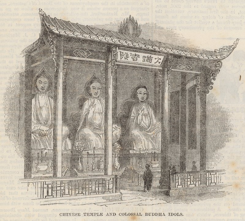 Chinesischer Tempel und kolossale Buddha-Idole von English School