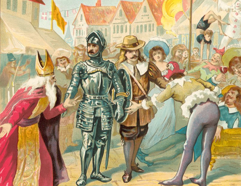 Christian und Faithful durchqueren Vanity Fair, widerstehen Aberglaube und Frivolität von English School