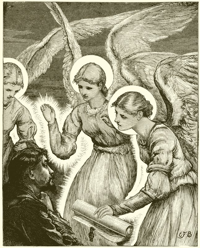Christ und die Engel. Siehe, drei leuchtende kamen zu ihm und begrüßten ihn von English School
