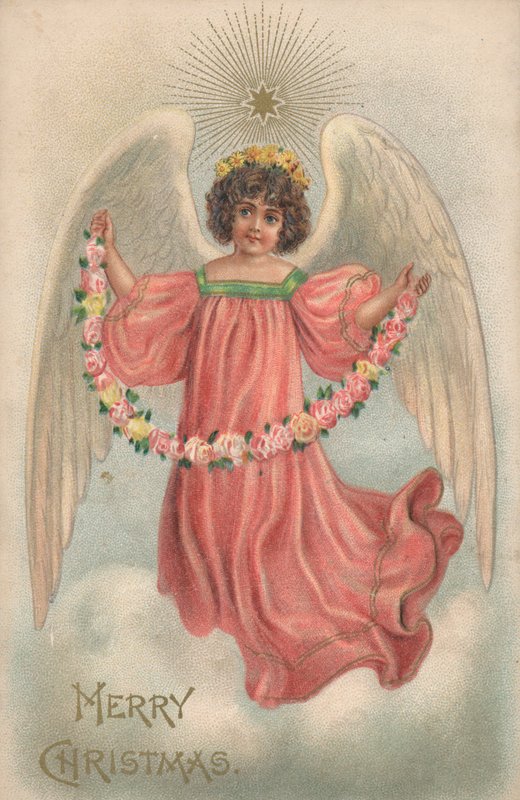 Weihnachtskarte mit einem Engel, der eine Blumenkette hält von English School