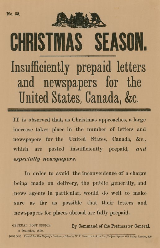Weihnachtspost-Benachrichtigung im Auftrag des Postmeisters, 9. Dezember 1890 von English School