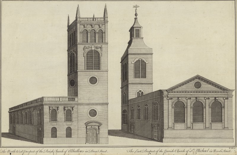 Kirche Allhallows in Bread Street und Kirche St. Michael in Wood Street, London von English School