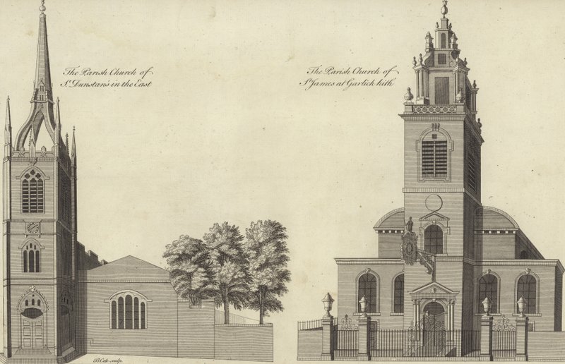 Kirche St. Dunstan in the East und Kirche St. James Garlickhythe, London von English School