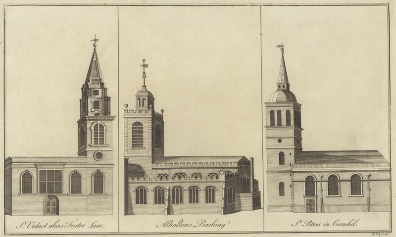 Kirchen St. Vedast, Foster Lane, Allhallows, Barking und St. Peter in Cornhill, London von English School