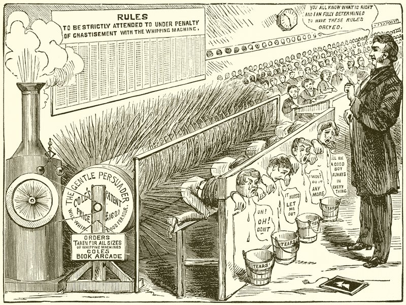 Coles Patent-Peitschmaschine zum Auspeitschen ungezogener Jungen in der Schule von English School