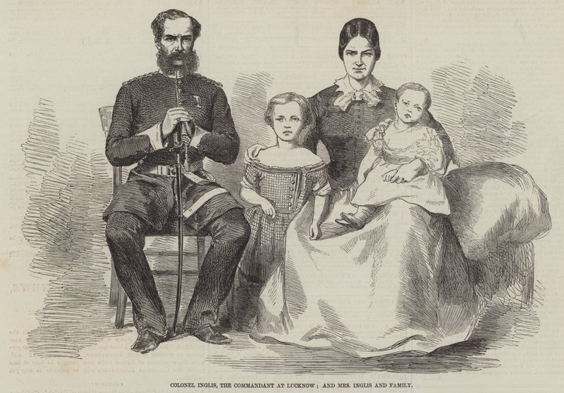 Oberst Inglis, der Kommandant in Lucknow, und Mrs. Inglis und Familie (Stich) von English School