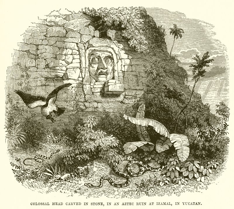 Kolossaler Kopf in Stein gemeißelt, in einer aztekischen Ruine in Izamal, Yucatan von English School
