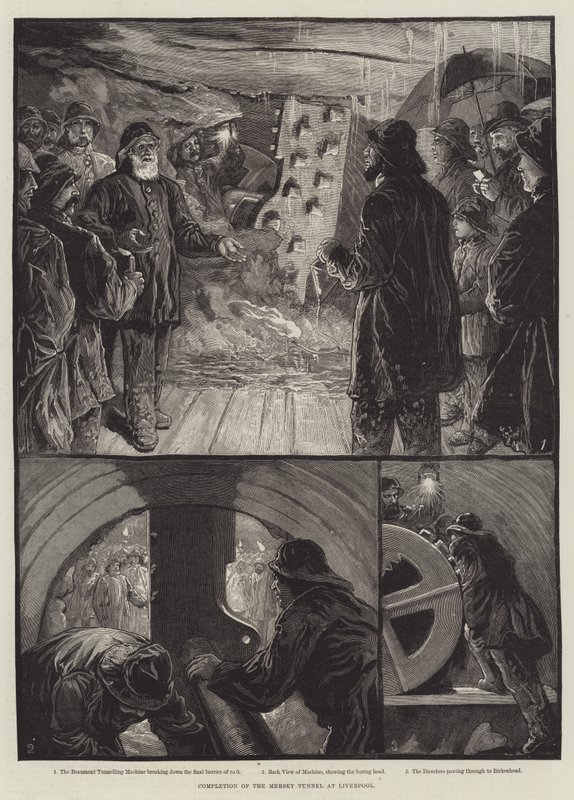 Fertigstellung des Mersey-Tunnels in Liverpool (Stich) von English School
